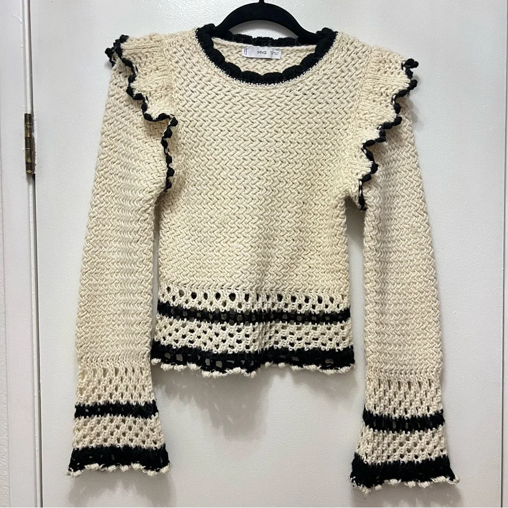 Mango Ruffle Flare Sleeve Sweater Open Knit Cream Black XS Crewneck Pullover - Picture 3 of 11